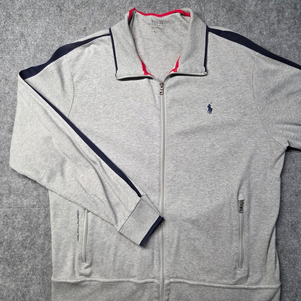 Polo Ralph Lauren Performance Track Jacket Mens XL Gray Navy Stripe Full Zip
